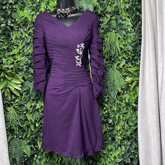 JJ's House Women Dress 6 Purple Formal Short Pleated Stoned Wedding 1658 - Picture 6 of 14